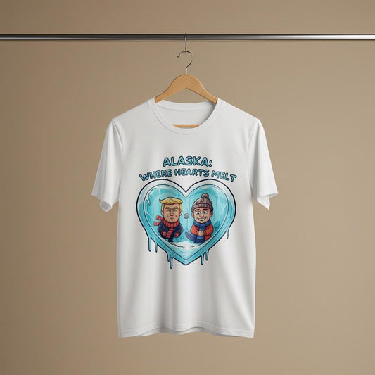 Alaska Political Humor T-Shirt | Funny Trump Biden Caricature Tee | Melting Ice Heart Design | Unisex Garment-Dyed Satire Gift Idea