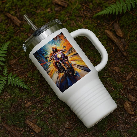 Dynamic Motorcycle Art Travel Mug | Abstract Biker Tumbler | Vibrant Speed Design | Insulated 40oz Rider Gift for Enthusiasts & Adventurers