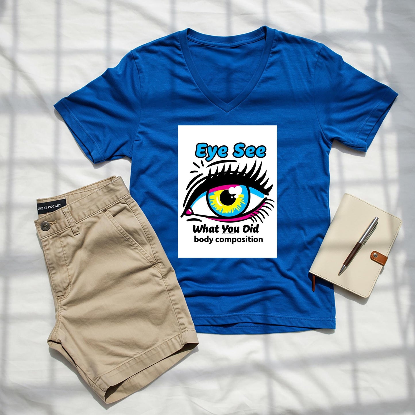 Unisex V-Neck Tee with Bold Pop Art Eye Design | CMYK Vibrant Graphic T-Shirt | Humorous Statement Apparel | Quirky Streetwear Gift Idea
