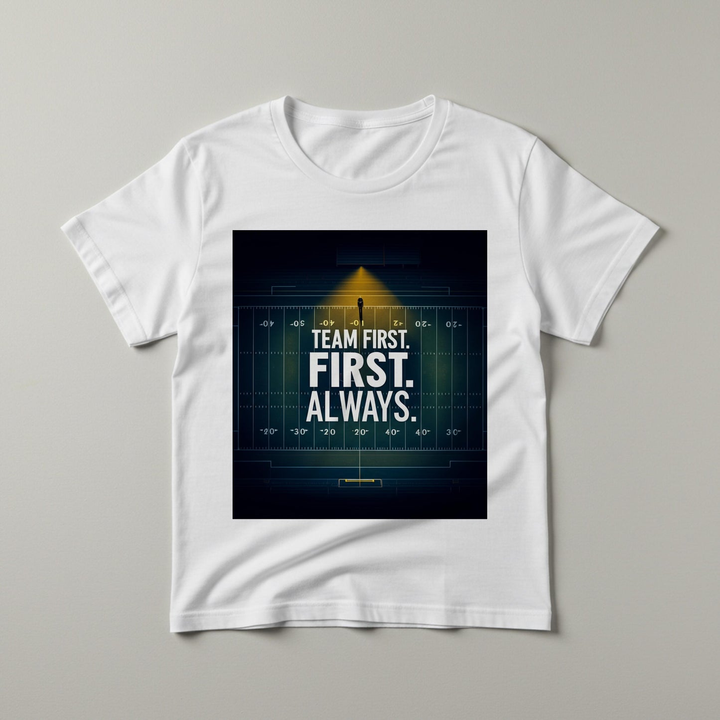 Team First Football T-Shirt | Motivational Sports Tee | Garment-Dyed Unisex Apparel | American Football Field Design | Leadership Gift