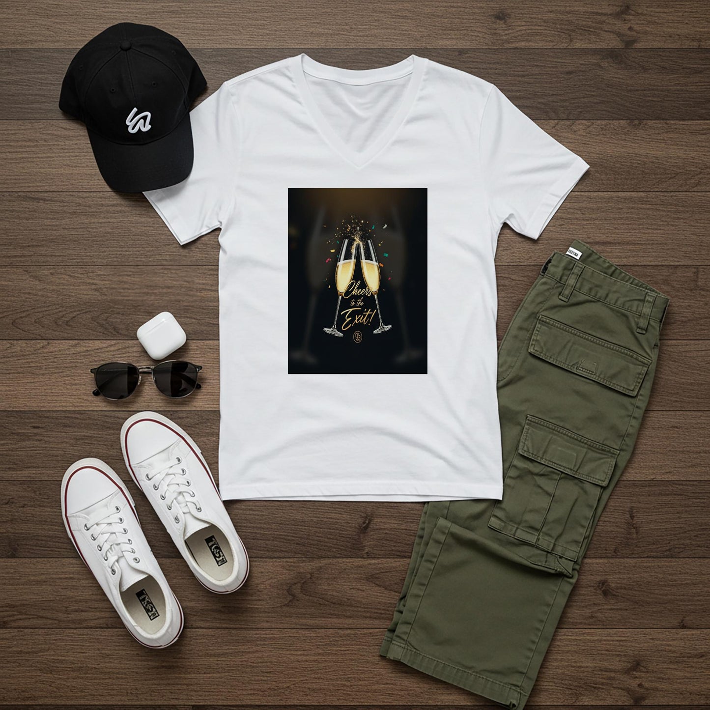 Cheers to the Exit V-Neck Tee | Celebration Farewell Gift Shirt | New Beginnings Retirement Graduation Party Apparel | Unisex Design