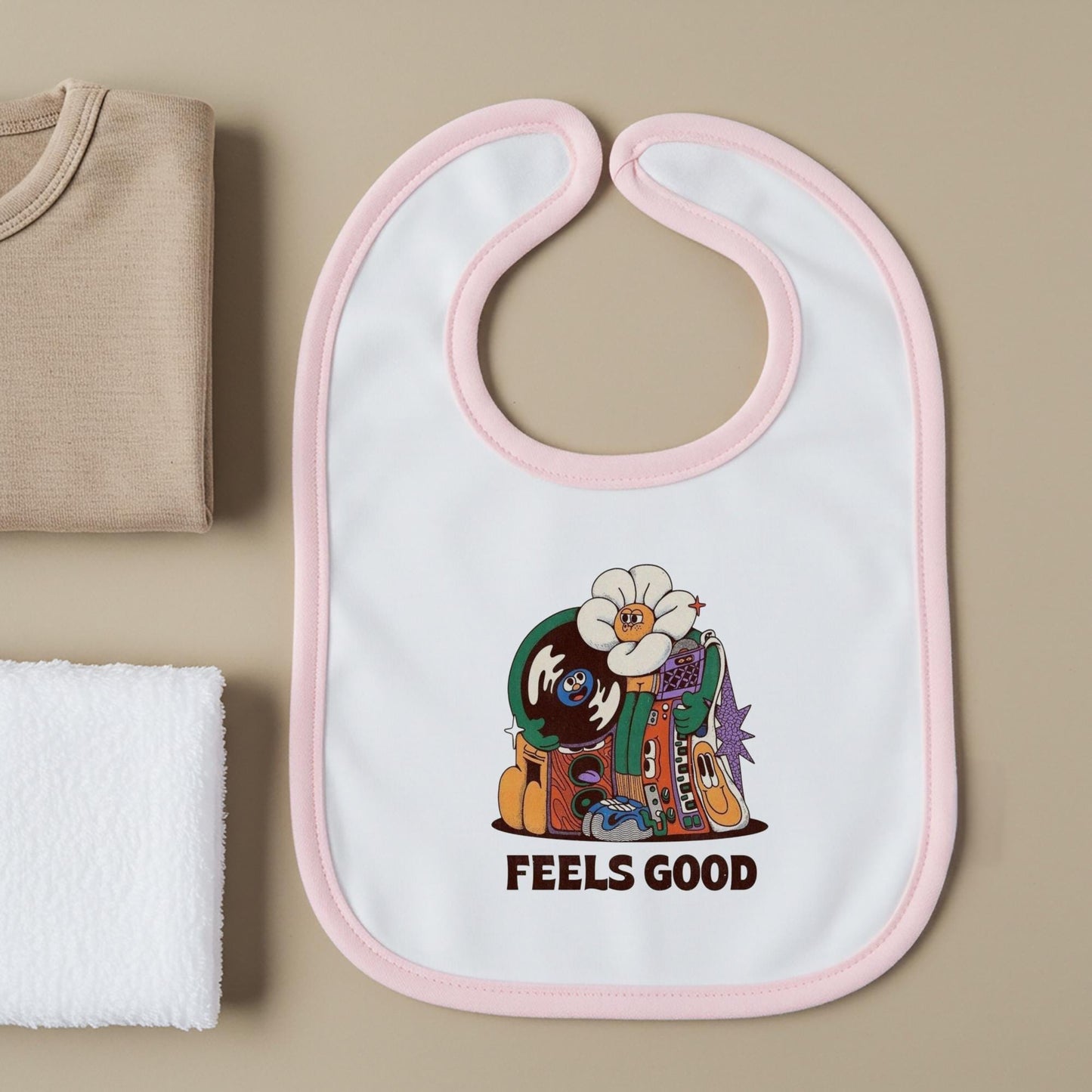 Retro Psychedelic Baby Bib | Groovy Music Theme Infant Feeding Accessory | Unique Baby Shower Gift for Parents | Feels Good Design | Trendy