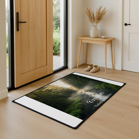 Oregon Nature's Paradise Heavy Duty Floor Mat | Misty Forest River Kayaking Adventure Mat | Pacific Northwest Scenic Landscape Decor