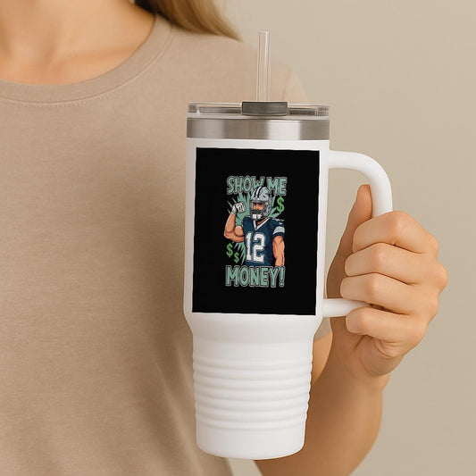 40oz Insulated Travel Mug Football Player Show Me Money Sports Fan Gift Game Day Tumbler Money Mindset Hustle Culture Motivational Drinkware