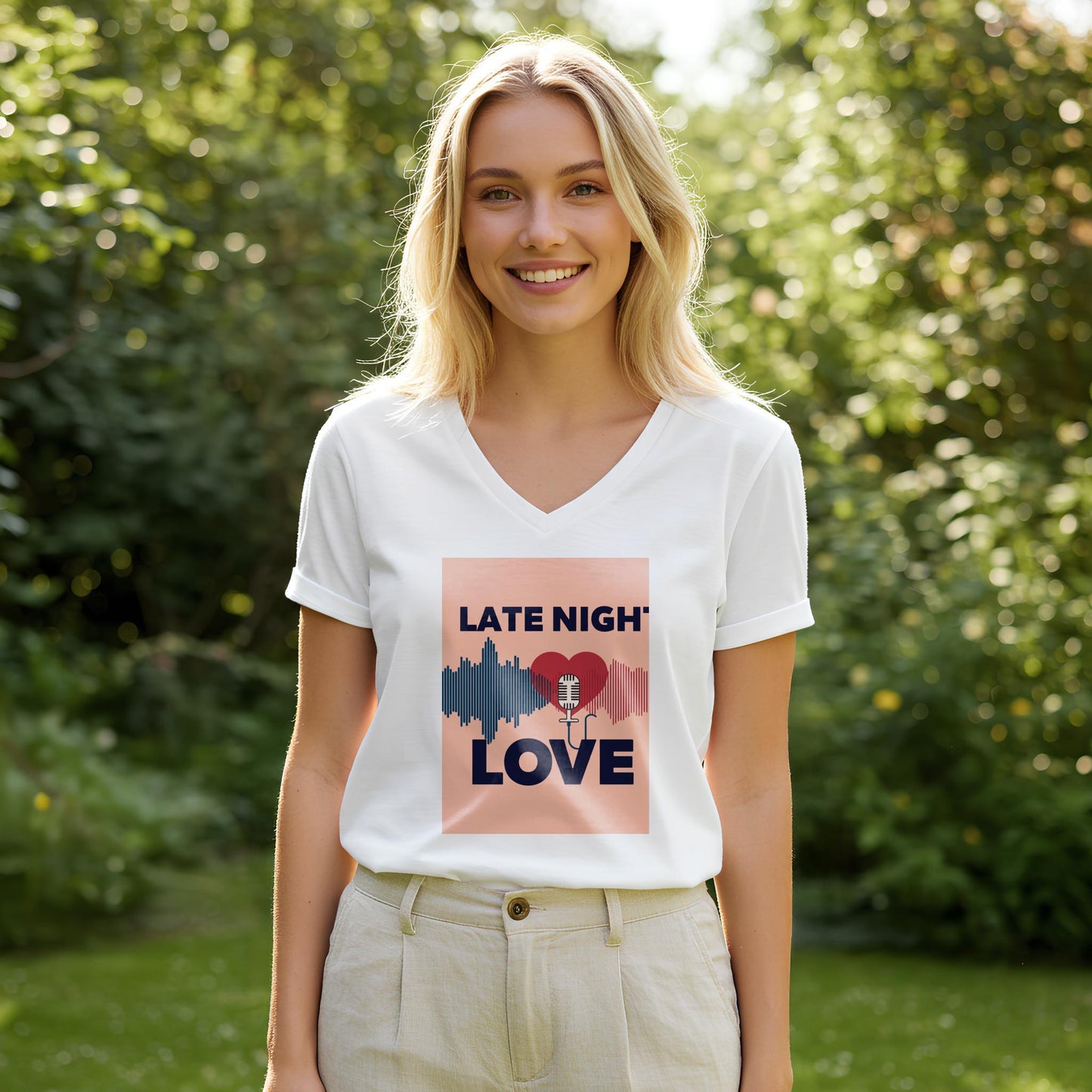 Late Night Love V-Neck Tee | Romantic Podcast Lover Shirt | Vintage Microphone Heart Sound Wave Design | Music Lover Gift for Him Her
