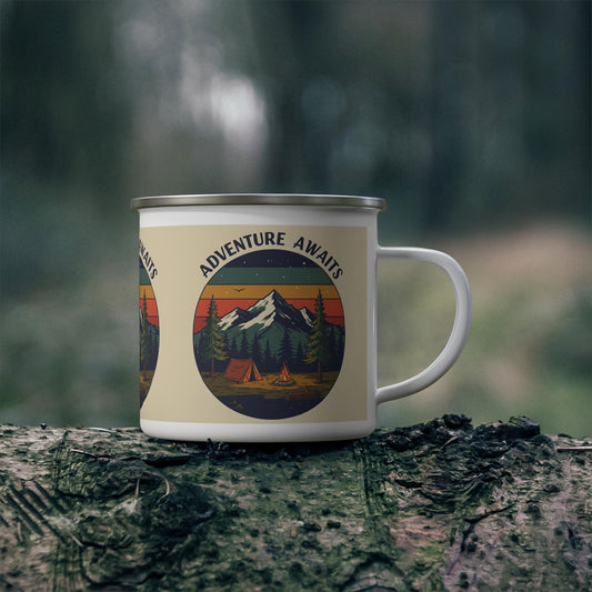 Adventure Awaits Enamel Mug - Retro Camping Cup for Outdoor Lovers & Hikers