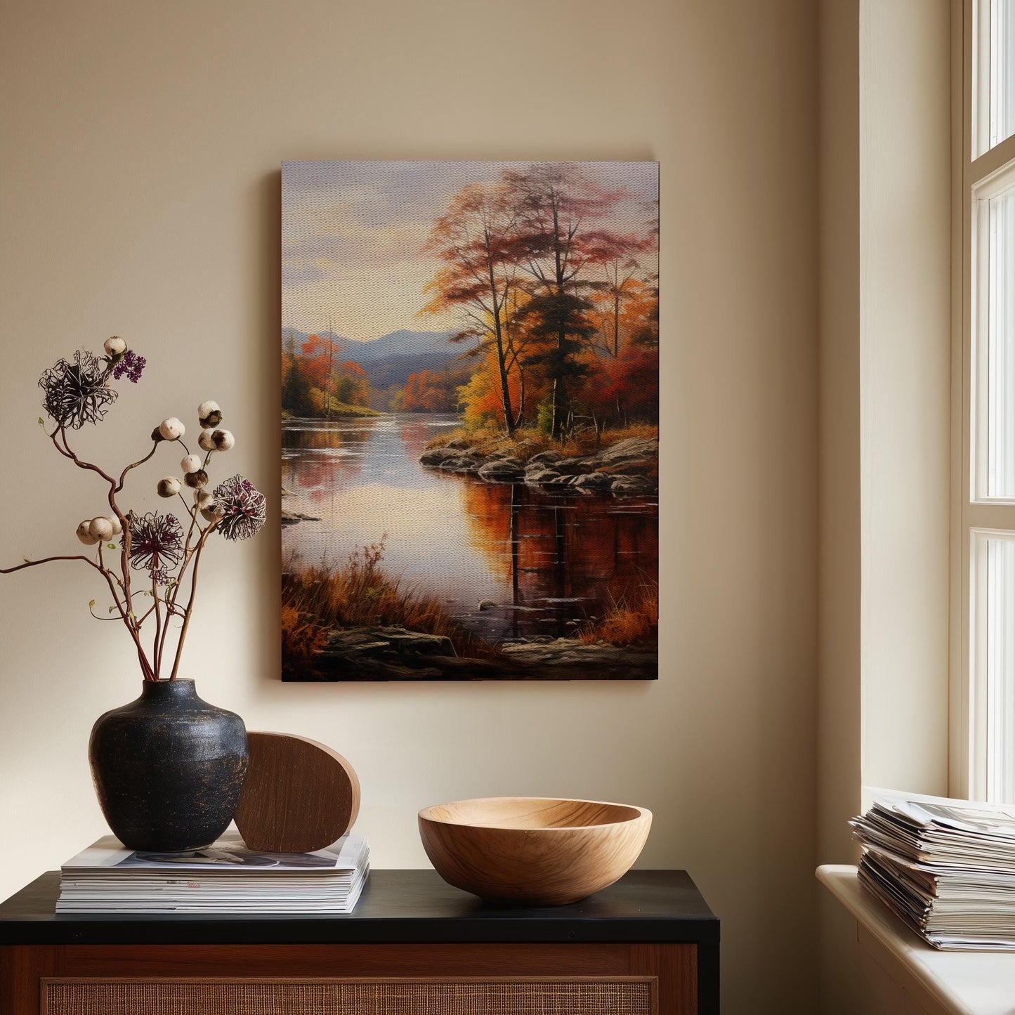Autumn River Landscape Canvas Print, Fall Foliage Wall Art, Traditional Nature Painting, Rustic Home Decor, Serene Art | Trending Design