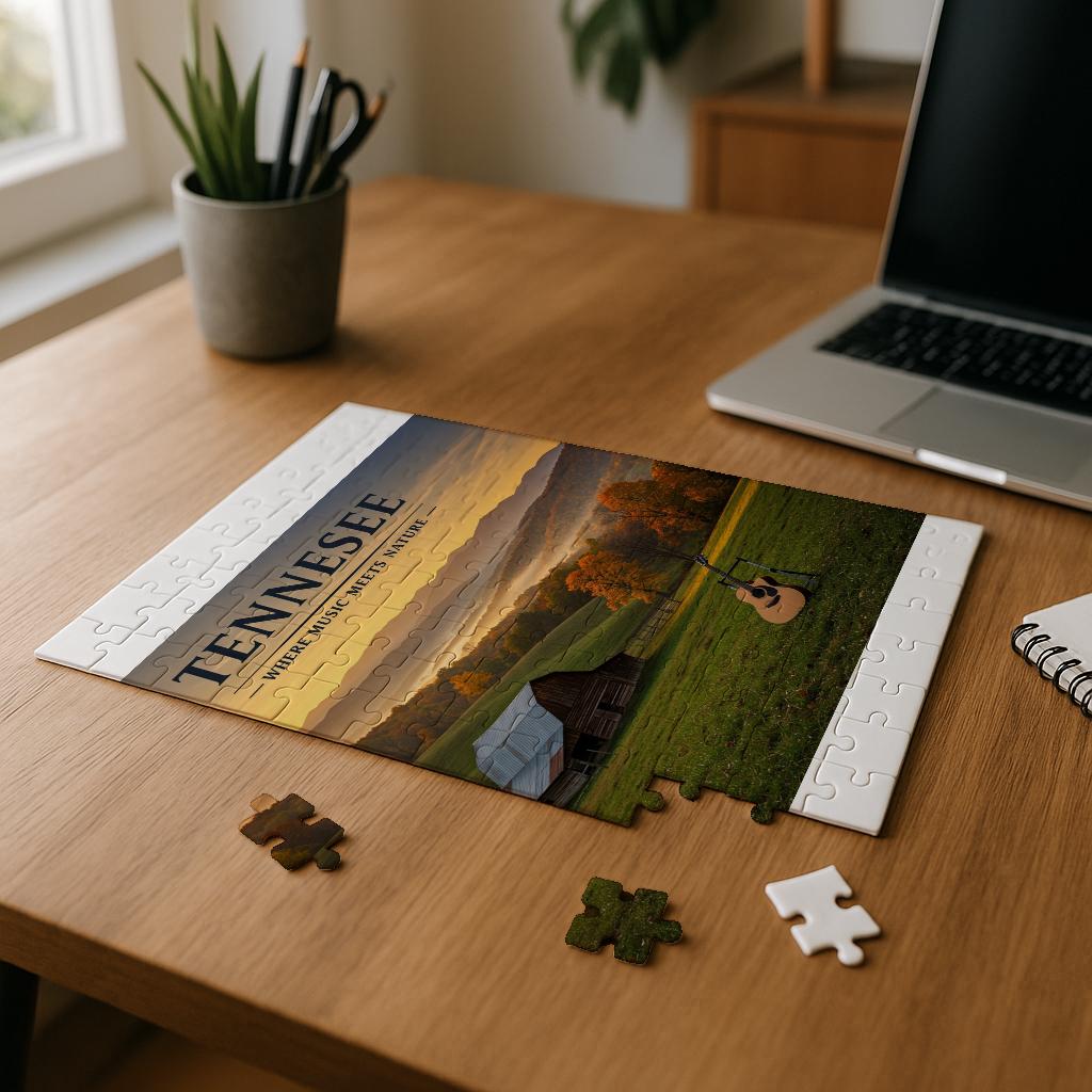 Tennessee Landscape Puzzle, Music Meets Nature Autumn Scene Jigsaw, Rustic Barn & Guitar Art, Appalachian Mountains Fall Decor, Unique Gift.
