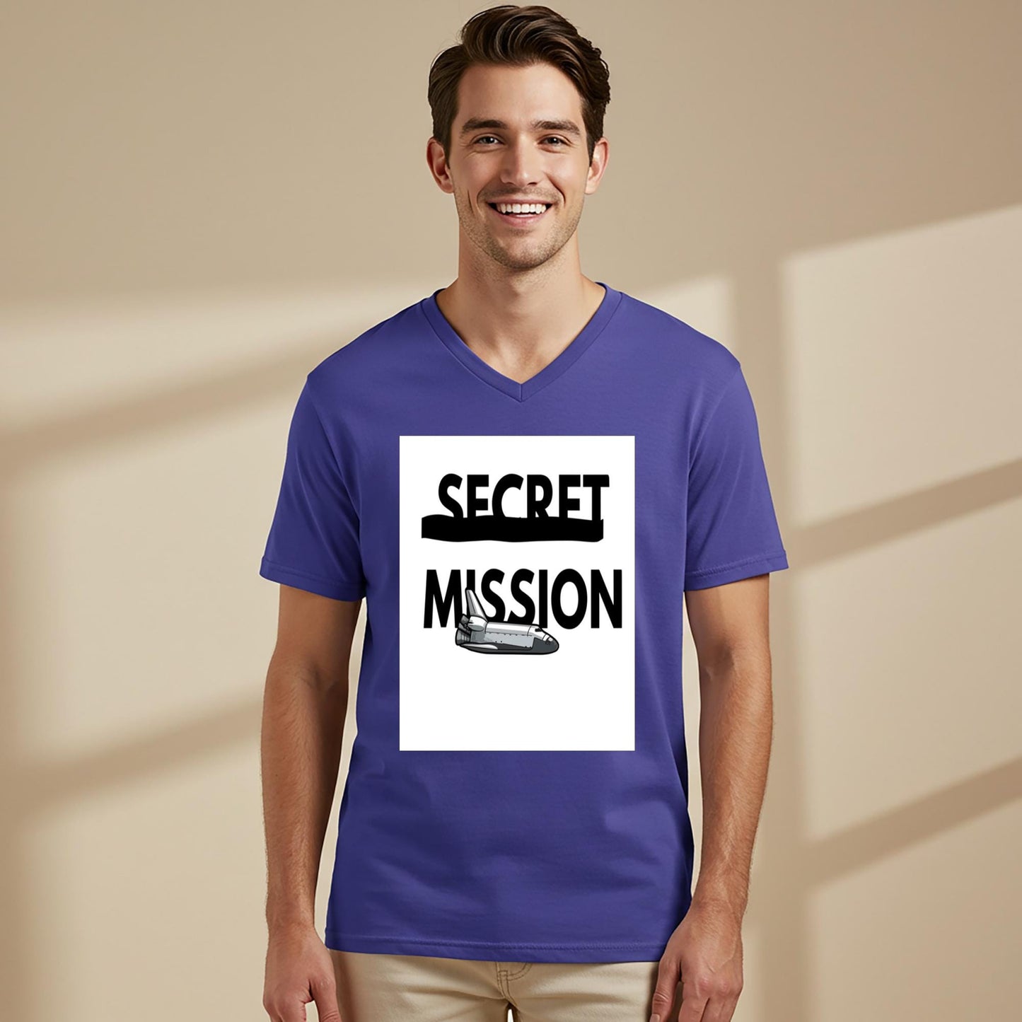Secret Mission Space Shuttle V-Neck Tee | Unisex Graphic T-Shirt | Sci-Fi Adventure Apparel | Astronaut Gift for Space Lovers & Fans