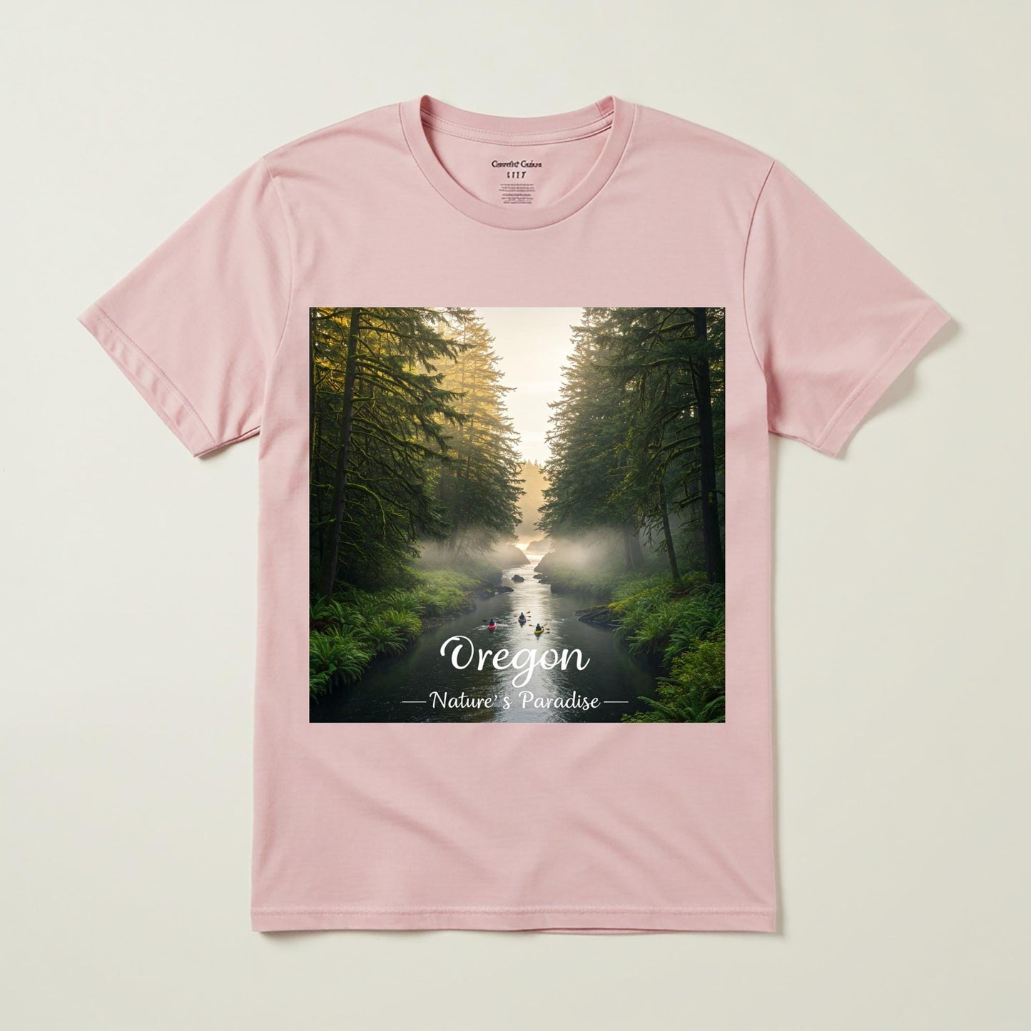 Oregon Misty Forest River Kayaking T-Shirt | Unisex Garment-Dyed Nature Landscape Graphic Tee | PNW Outdoor Adventure Apparel Gift