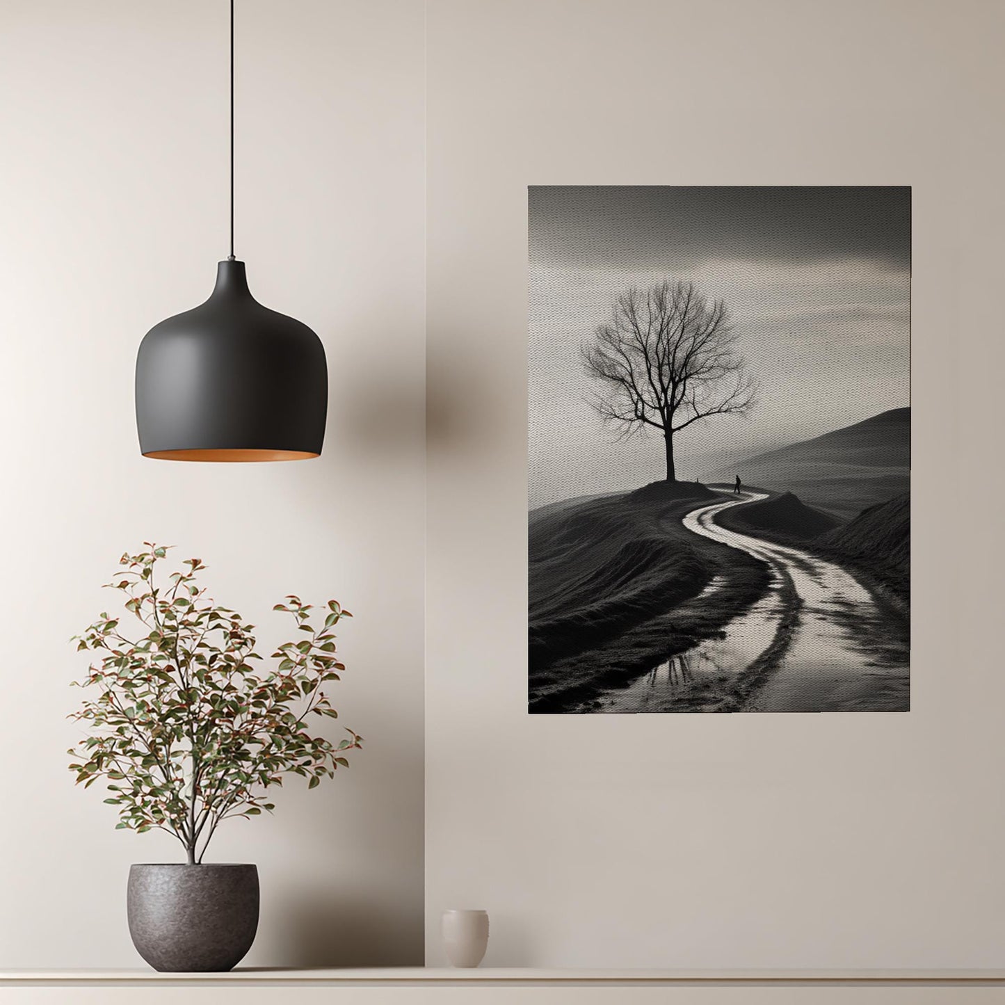 Lonely Journey Black White Canvas Print, Solitary Tree Winding Path Art, Misty Landscape Fine Art Photo, Minimalist Contemplative Decor