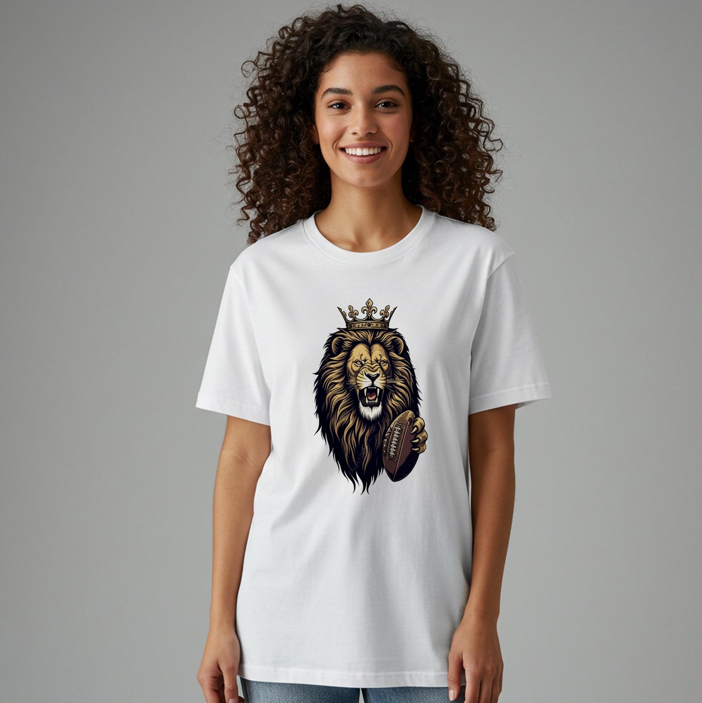 Royal Roar Lion Football T-Shirt | Crowned King Lion Tee | Fierce Sports Fan Apparel | Game Day Gift for Men & Unisex Wear | Bold Design