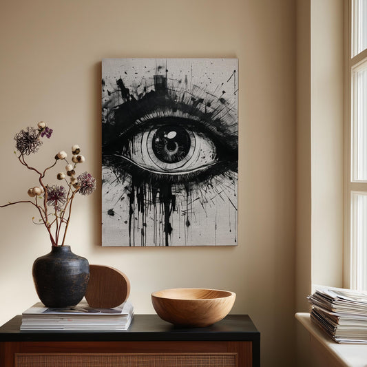 Intense Ink Vision Eye Art Canvas Print | Black White Abstract Splatter Wall Decor | Edgy Grunge Aesthetic Home Decor Gift for Modern Spaces
