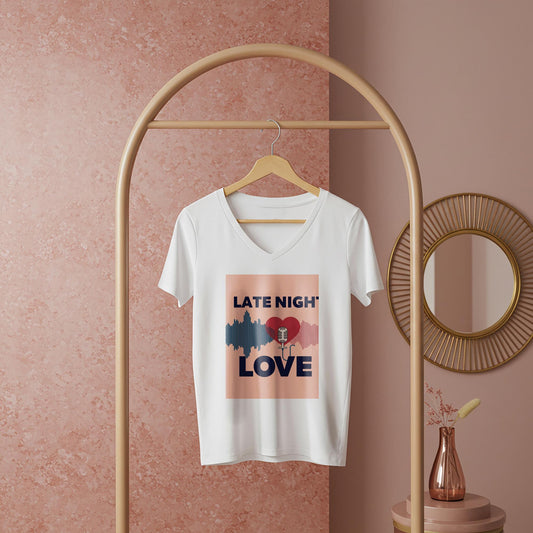 Late Night Love V-Neck Tee | Romantic Podcast Lover Shirt | Vintage Microphone Heart Sound Wave Design | Music Lover Gift for Him Her