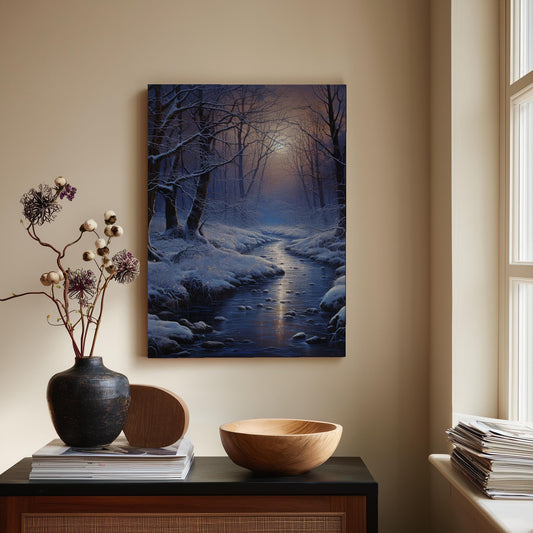 Winter Serenity Canvas Print, Enchanting Snowy Forest Art, Tranquil Stream Landscape, Peaceful Winter Wonderland Wall Decor, Cozy Home Gift