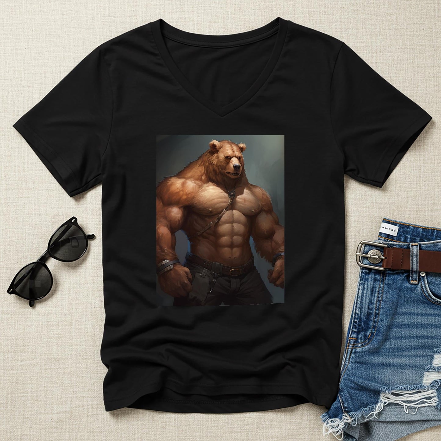 Muscular Anthropomorphic Bear V-Neck Tee | Fantasy Art Graphic Shirt | Power Symbol Apparel | Rugged Style Unisex Top for Bear Community
