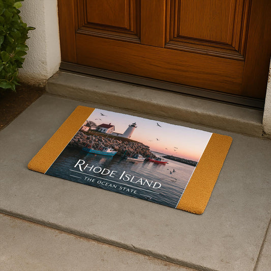 Rhode Island Ocean State Welcome Mat | Coastal Lighthouse Doormat | Nautical Fishing Boat Entryway Decor | New England Beach House Gift
