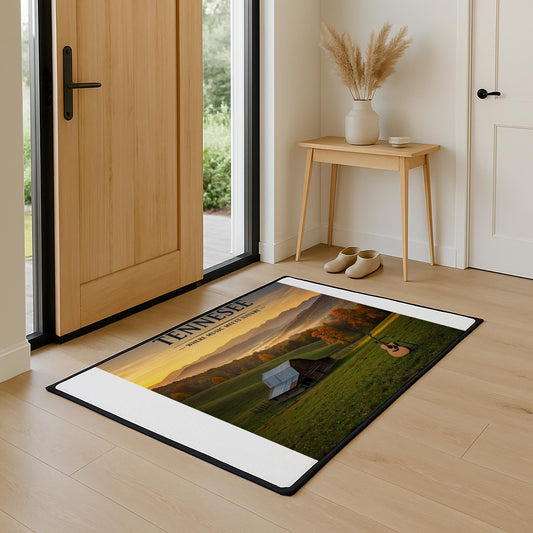 Tennessee Music Meets Nature Floor Mat | Rustic Mountain Landscape Rug | Acoustic Guitar Welcome Mat | Farmhouse Entryway Decor Gift