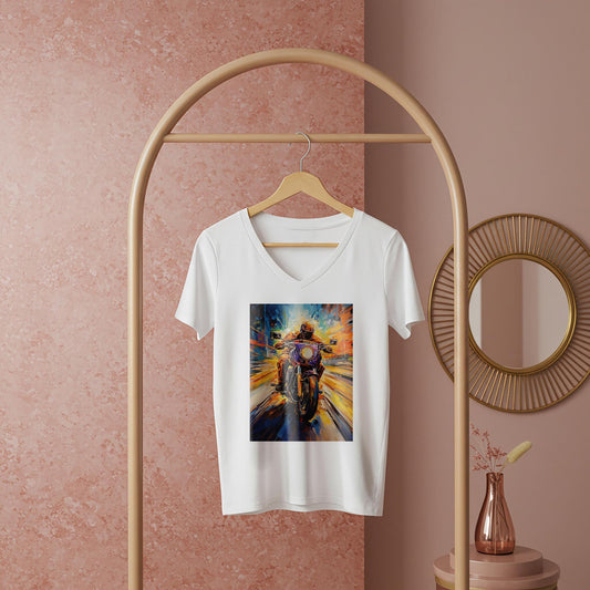 Unisex V-Neck Tee with Abstract Motorcycle Art | Dynamic Rider Speed Design | Vibrant Expressionist Biker Shirt | Unique Gift for Riders