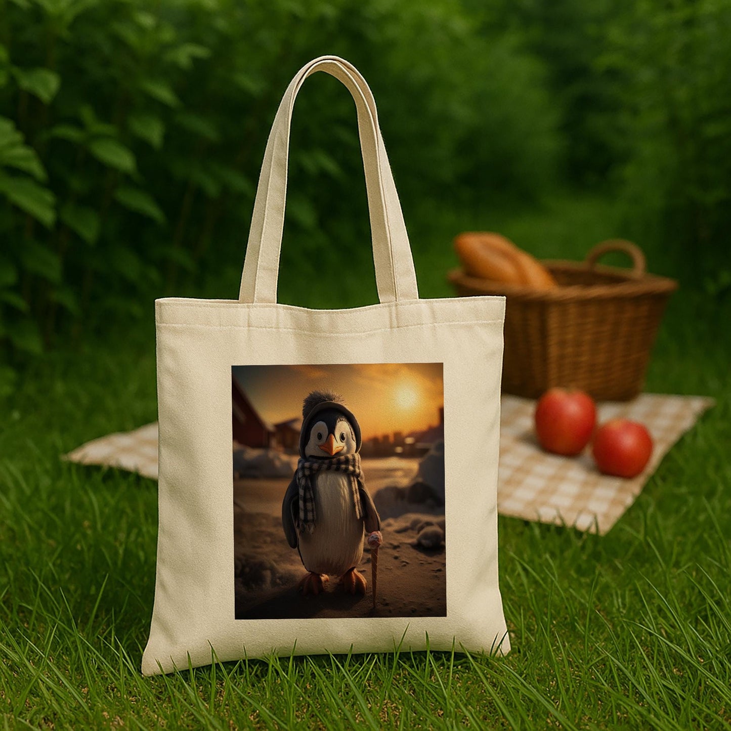 Cute Penguin Tote Bag with Ice Cream Cone Design | Whimsical Winter Animal Art | Cozy Cotton Canvas Shopper | Unique Gift for Animal Lovers