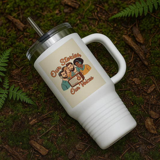 Our Stories Our Voices Insulated Travel Mug | Podcast Lover Gift | Diverse Community Art Tumbler | Retro Radio Design | Empowering Message