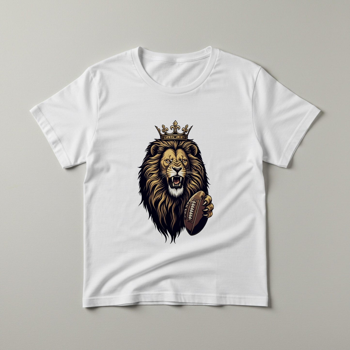 Royal Roar Lion Football T-Shirt | Crowned King Lion Tee | Fierce Sports Fan Apparel | Game Day Gift for Men & Unisex Wear | Bold Design