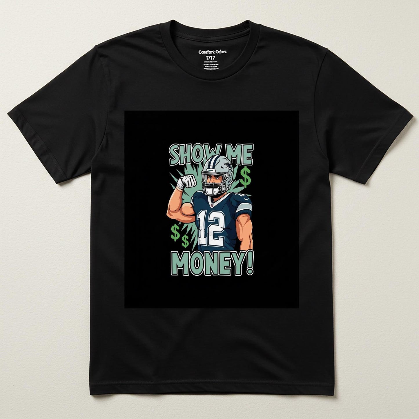 Show Me Money Football T-Shirt | Number 12 Player Tee | Sports Graphic Apparel | Unisex Garment-Dyed Shirt | Game Day Outfit | Fan Gift