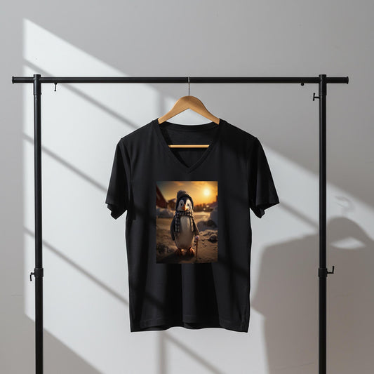 Adorable Winter Penguin V-Neck Tee | Whimsical Animal Graphic T-Shirt | Cozy Unisex Apparel Gift for Penguin Lovers & Holiday Cheer
