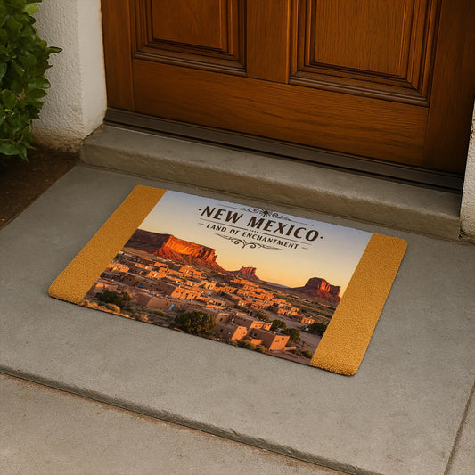 New Mexico Land of Enchantment Doormat | Southwest Welcome Mat | Desert Landscape Adobe Village State Pride Travel Themed Housewarming Gift