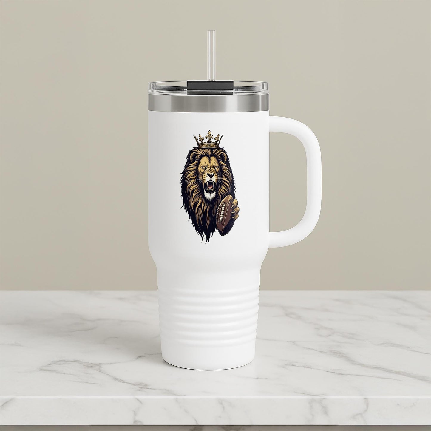 40oz Insulated Travel Mug with Crowned Lion Football Design | Regal Sports Fan Tumbler | Game Day Essential | Powerful King Lion Mascot Gift