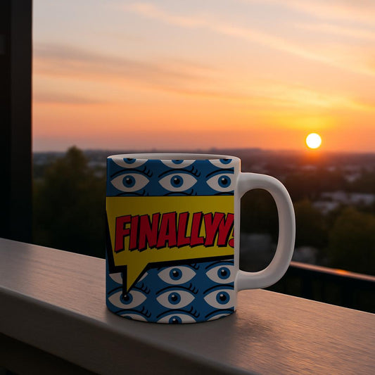 Finally Pop Art Mug | Comic Book Style Eye Pattern Coffee Cup | Bold Statement Drinkware | Celebration Gift for Achievement & Relief