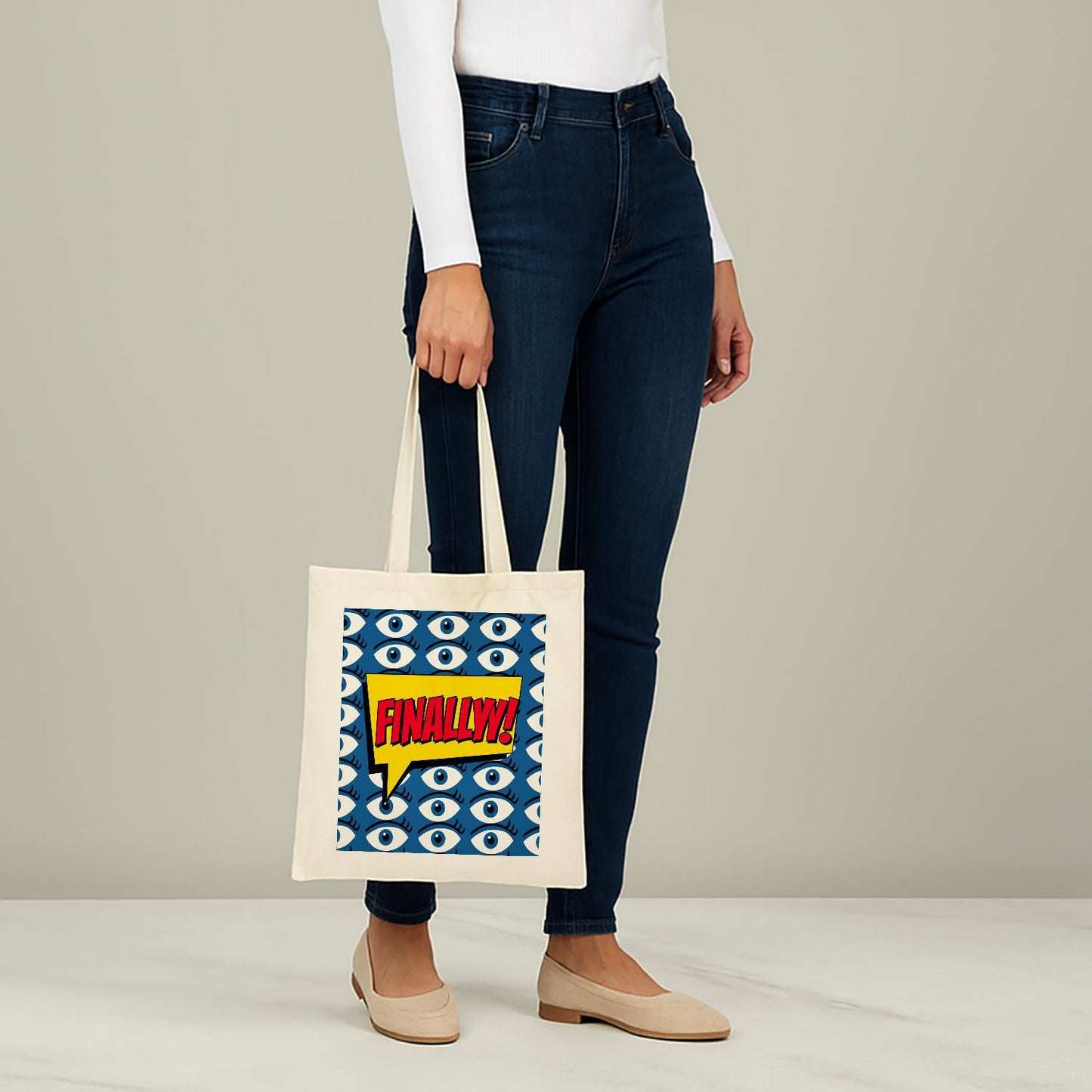 Pop Art FINALLY Tote Bag | Cotton Canvas Shoulder Bag with Stylized Eye Design | Comic Book Style Statement Accessory | Unique Gift Idea