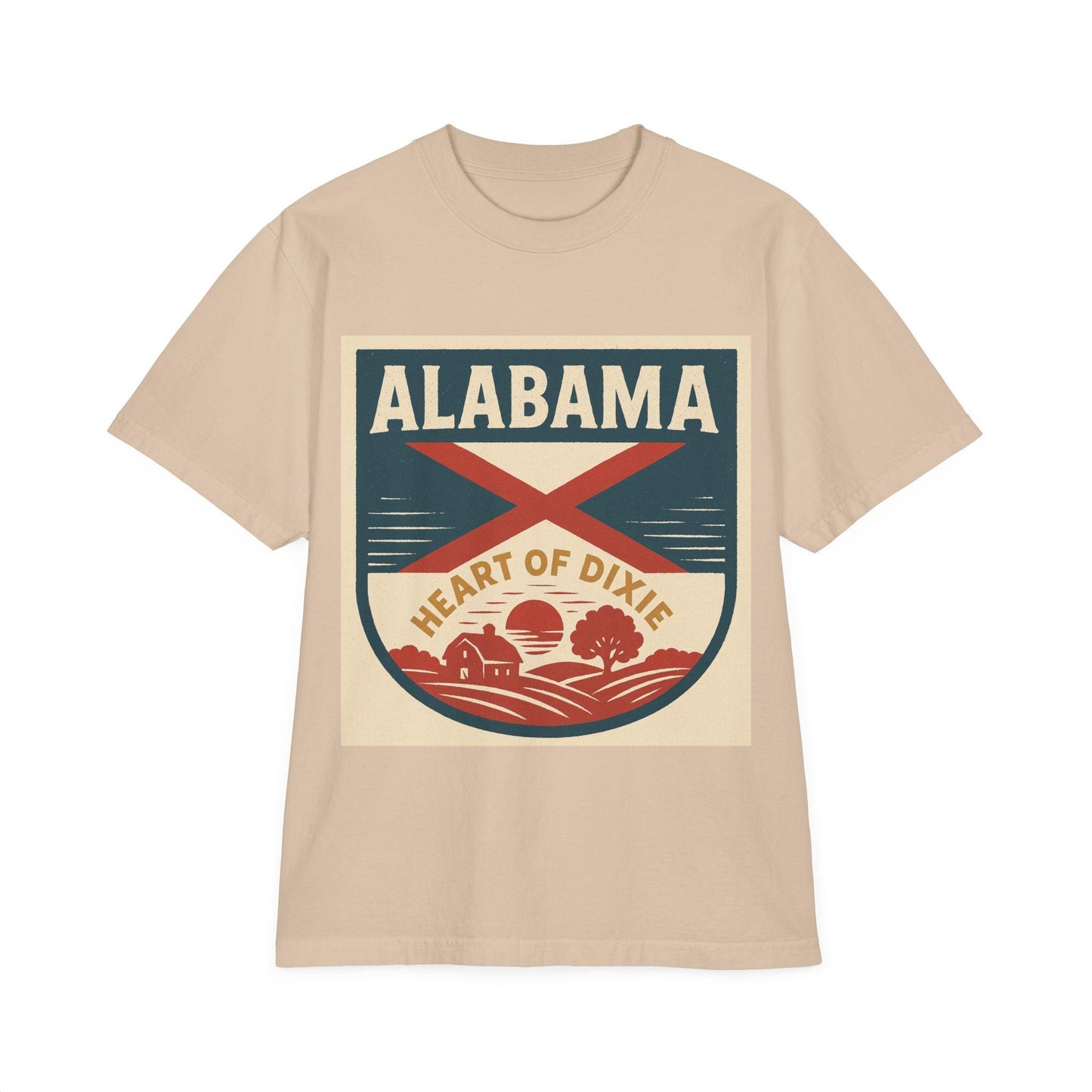Heart of Dixie Alabama Vintage Garment-Dyed Unisex Drop-Shoulder T-Shirt - 100% Cotton, Soft & Comfortable, Made in the USA