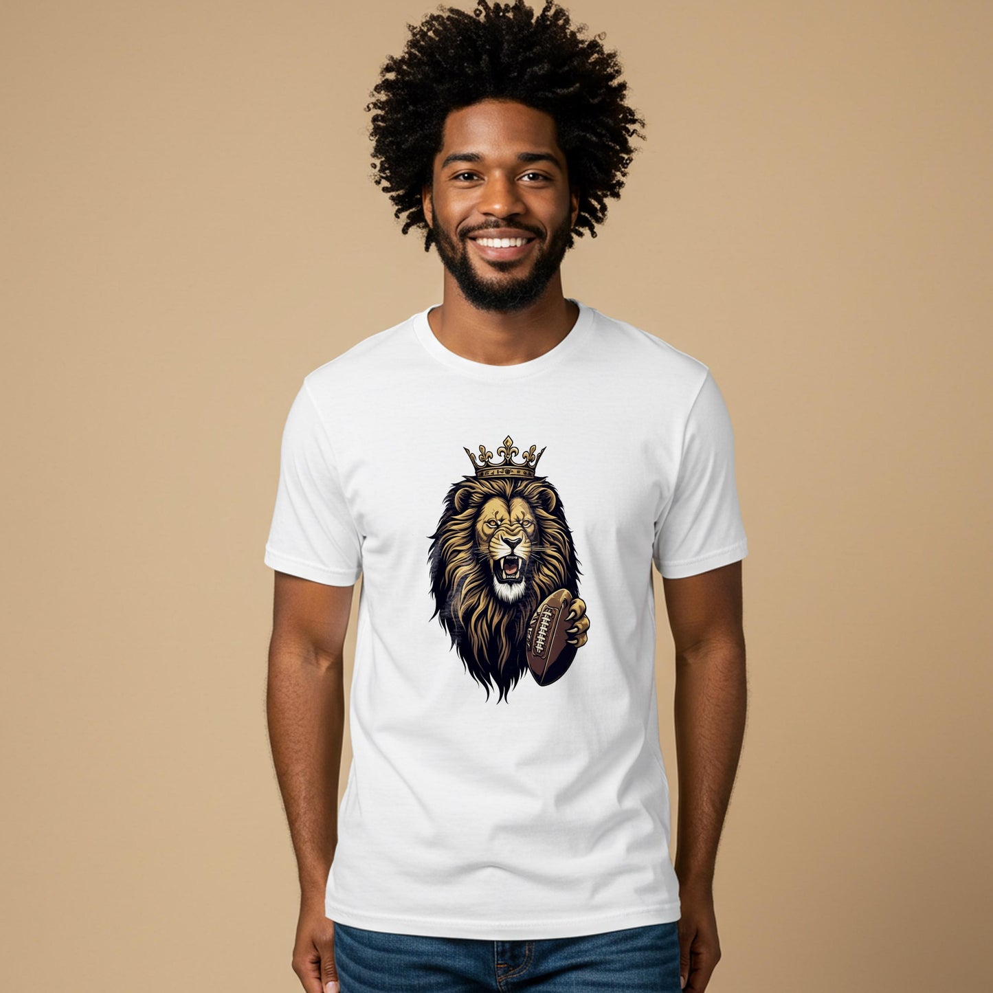 Royal Roar Lion Football T-Shirt | Crowned King Lion Tee | Fierce Sports Fan Apparel | Game Day Gift for Men & Unisex Wear | Bold Design