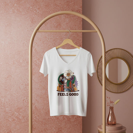 Groovy Vibe Unisex V-Neck Tee | Retro Psychedelic Cartoon Shirt | Feels Good Music Lover Apparel | Trending Design | Modern Home Decor