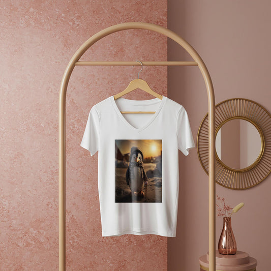 Adorable Winter Penguin V-Neck Tee | Whimsical Animal Graphic T-Shirt | Cozy Unisex Apparel Gift for Penguin Lovers & Holiday Cheer
