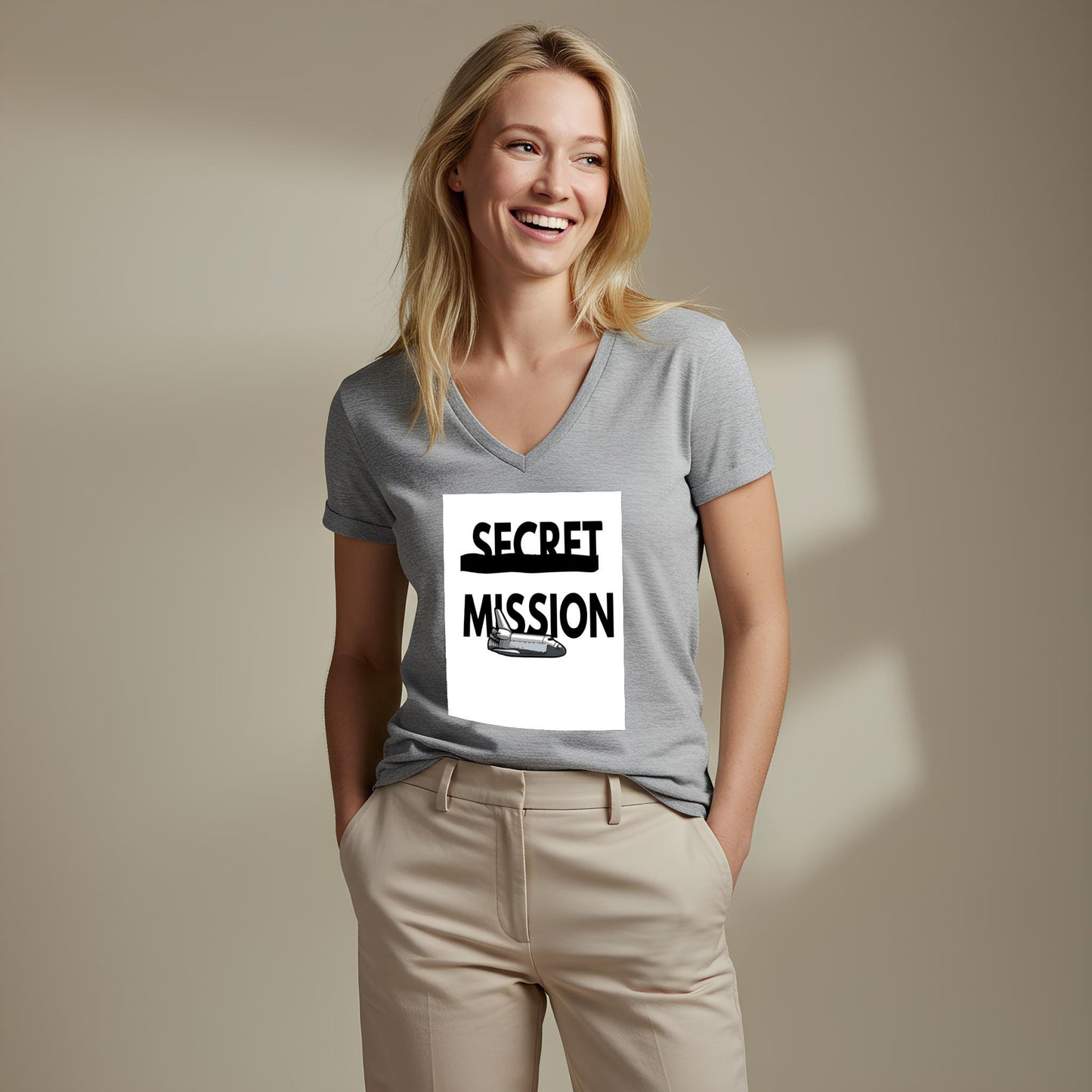 Secret Mission Space Shuttle V-Neck Tee | Unisex Graphic T-Shirt | Sci-Fi Adventure Apparel | Astronaut Gift for Space Lovers & Fans