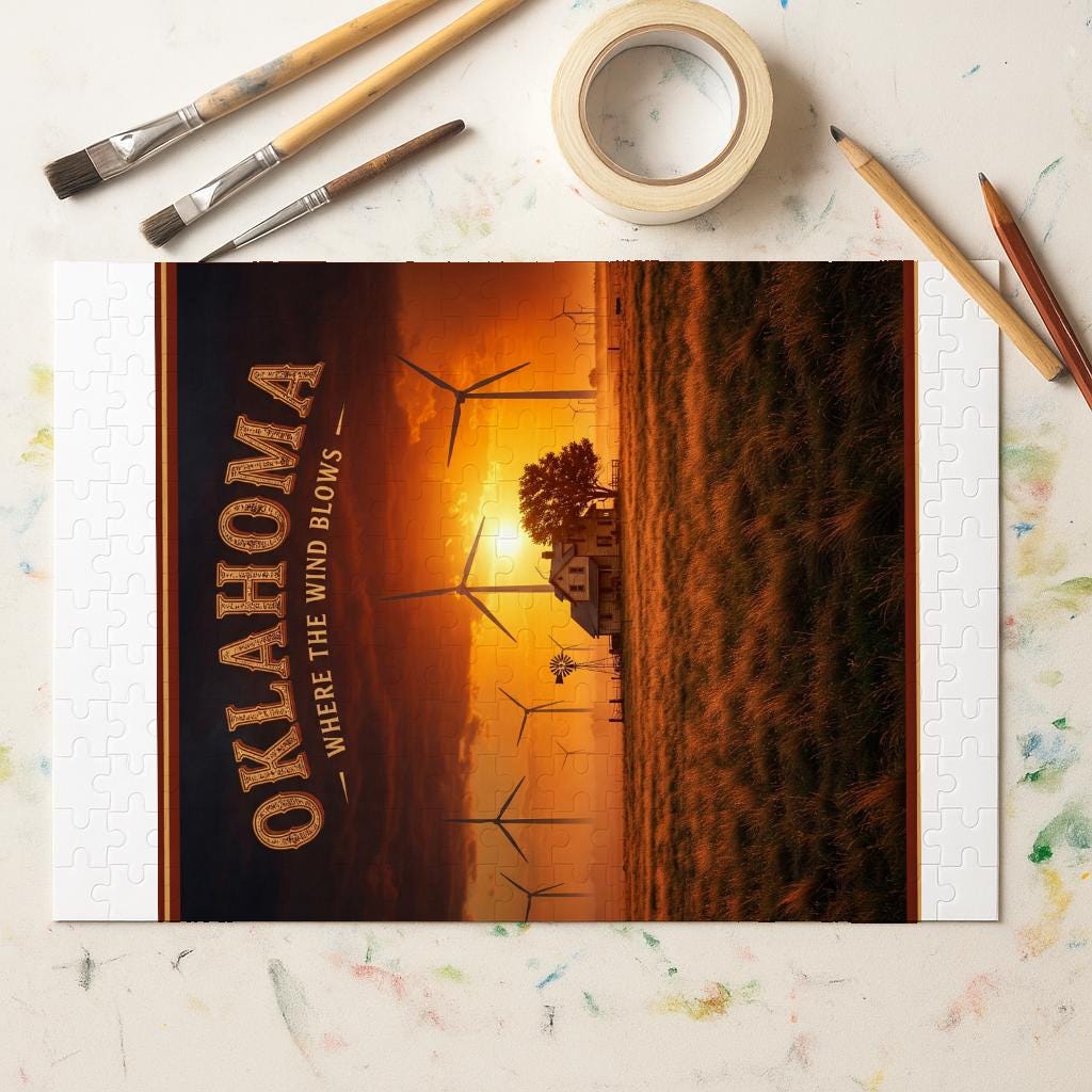 Oklahoma Windy Sunset Jigsaw Puzzle | Photorealistic Landscape Art Print | State Pride Gift | Rural Americana Home Decor | Wind Turbine Art