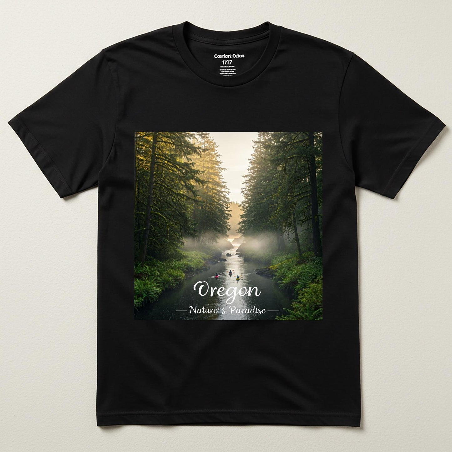 Oregon Misty Forest River Kayaking T-Shirt | Unisex Garment-Dyed Nature Landscape Graphic Tee | PNW Outdoor Adventure Apparel Gift