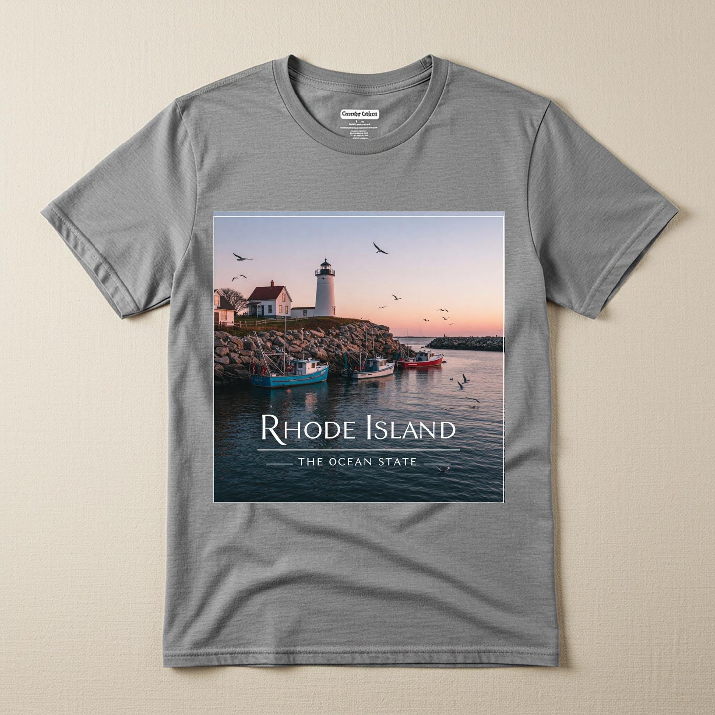 Rhode Island Ocean State Tee | Coastal Lighthouse Garment Dyed Unisex T-Shirt | Nautical New England Souvenir | Scenic Seascape Apparel