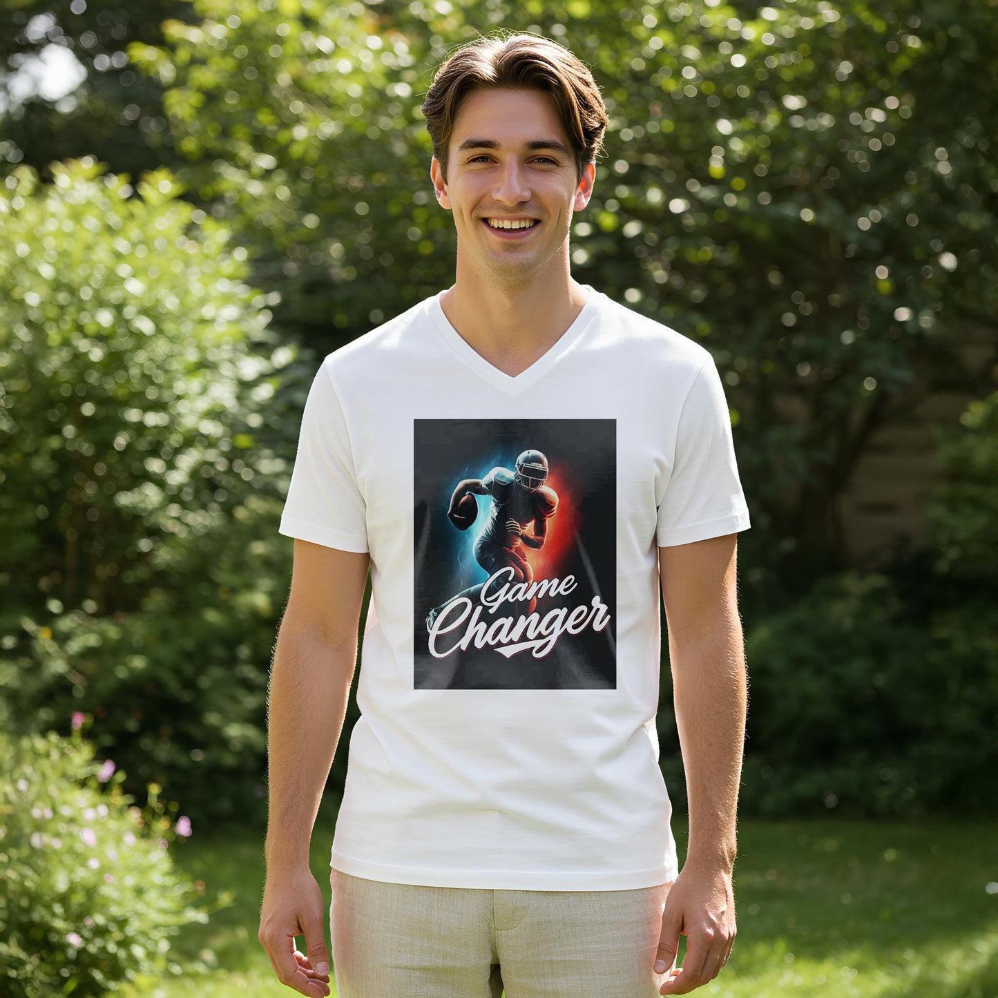 Game Changer American Football V-Neck Tee | Dynamic Player Graphic Shirt | Sports Fan Apparel | Athletic Motivation Gift for Him or Her