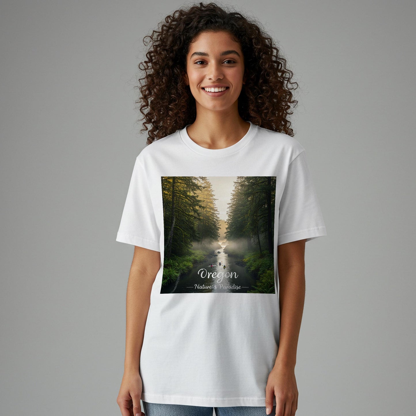 Oregon Misty Forest River Kayaking T-Shirt | Unisex Garment-Dyed Nature Landscape Graphic Tee | PNW Outdoor Adventure Apparel Gift