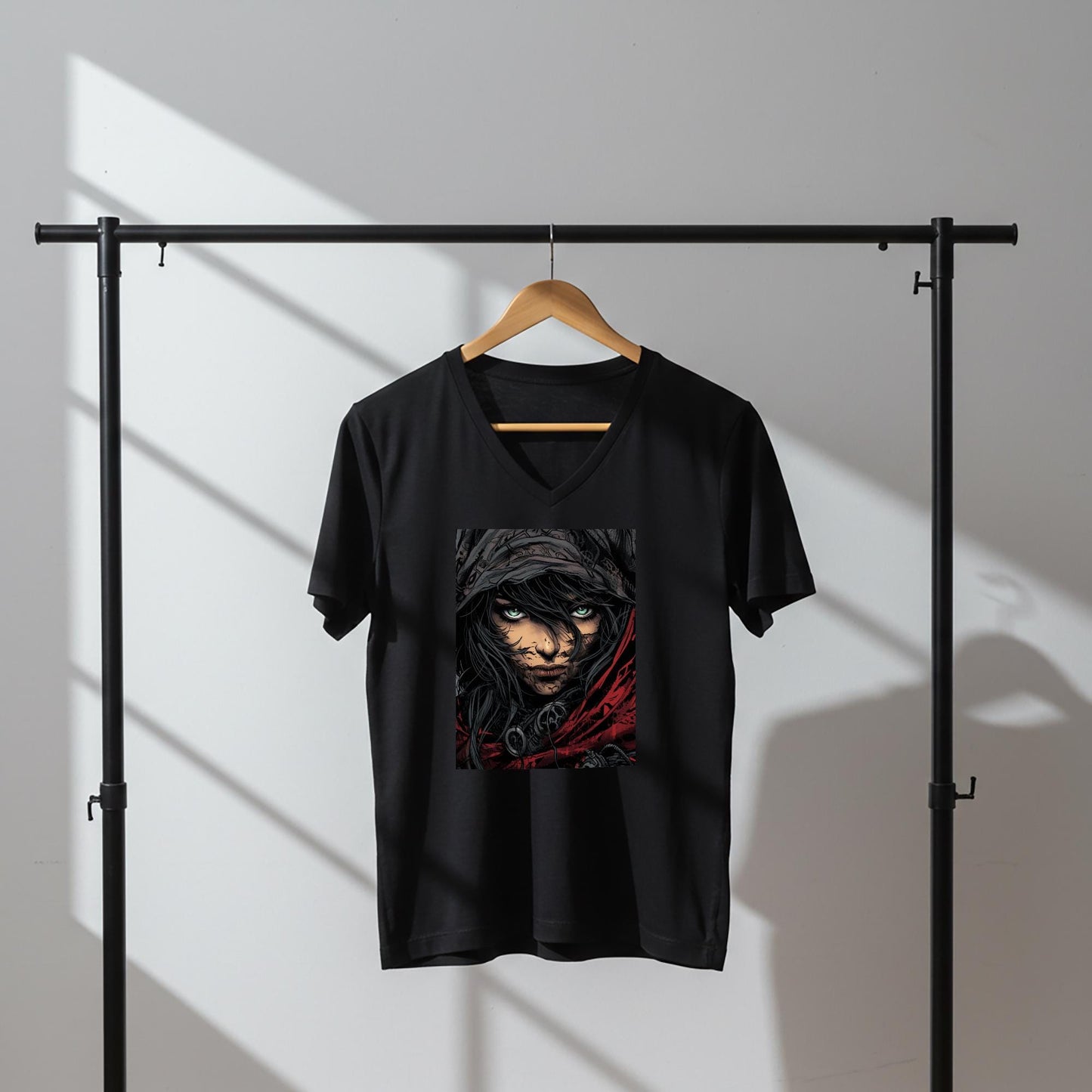 Rebel Spirit V-Neck Tee | Warrior Woman Graphic Shirt | Defiant Female Art | Dark Fantasy Cyberpunk Apparel | Intense Eyes Comic Style Top