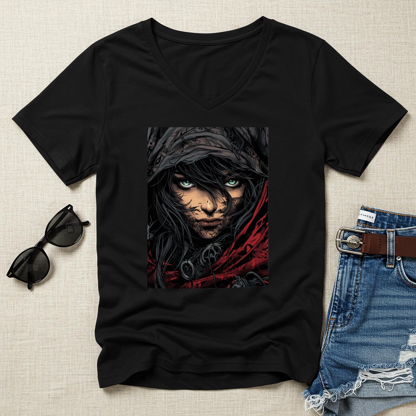 Rebel Spirit V-Neck Tee | Warrior Woman Graphic Shirt | Defiant Female Art | Dark Fantasy Cyberpunk Apparel | Intense Eyes Comic Style Top