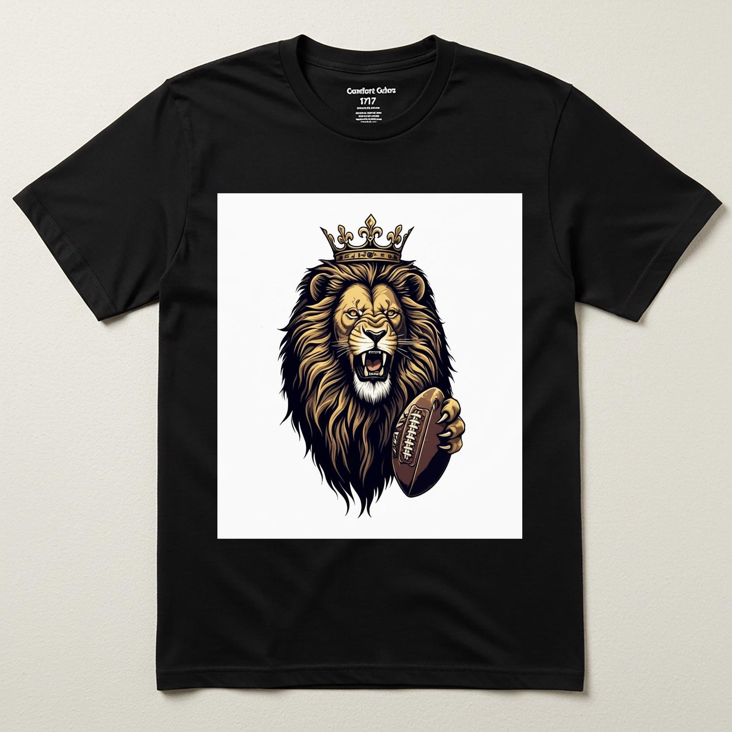 Royal Roar Lion Football T-Shirt | Crowned King Lion Tee | Fierce Sports Fan Apparel | Game Day Gift for Men & Unisex Wear | Bold Design
