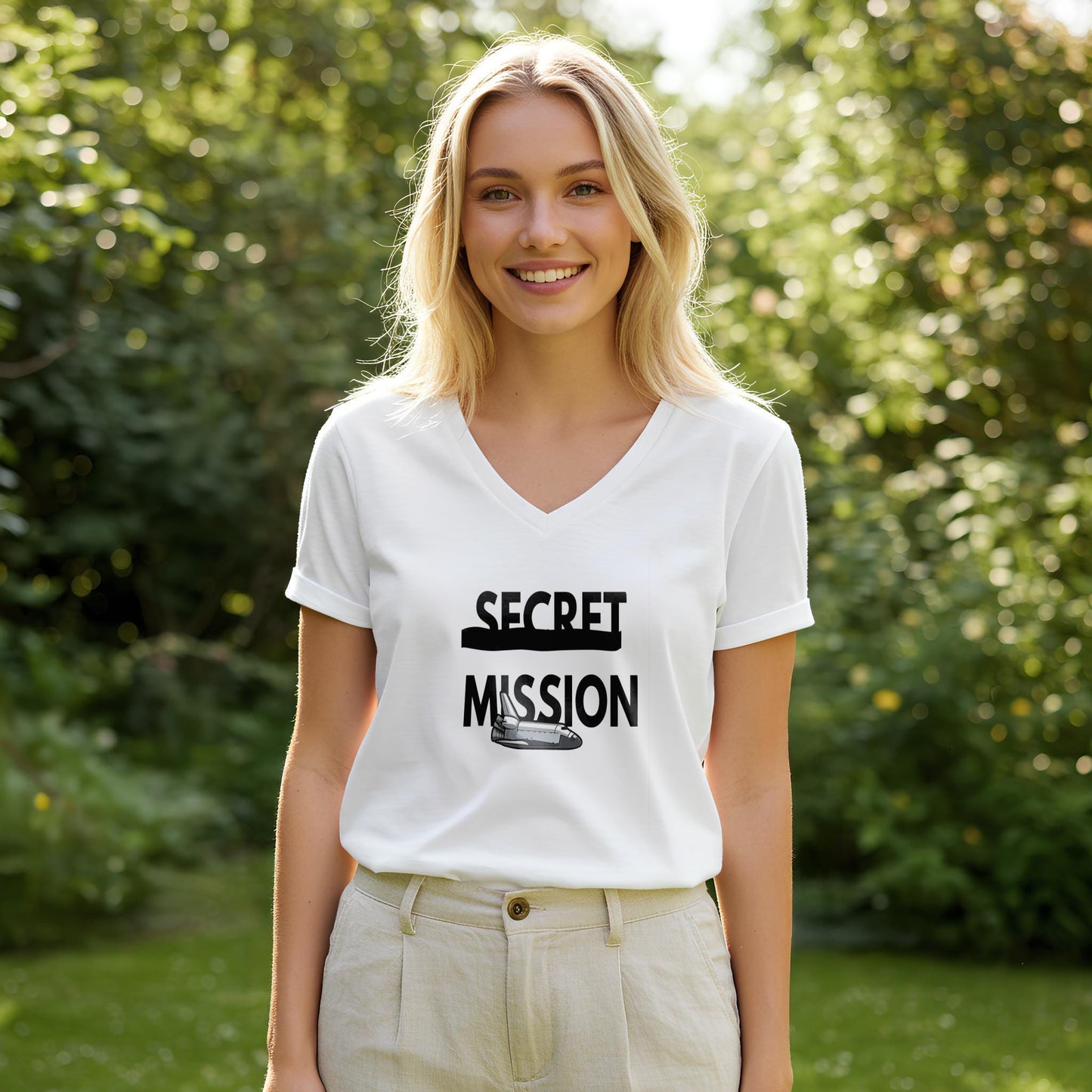 Secret Mission Space Shuttle V-Neck Tee | Unisex Graphic T-Shirt | Sci-Fi Adventure Apparel | Astronaut Gift for Space Lovers & Fans