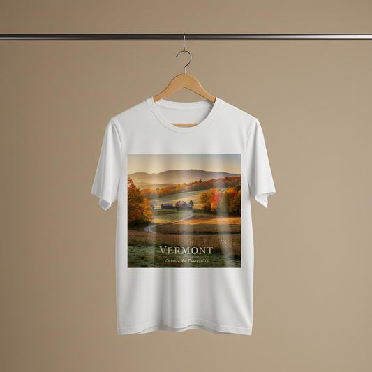 Vermont Autumn Landscape T-Shirt | Fall Foliage New England Scenery Tee | Tranquil Rustic Charm Garment Dyed Shirt for Nature Lovers