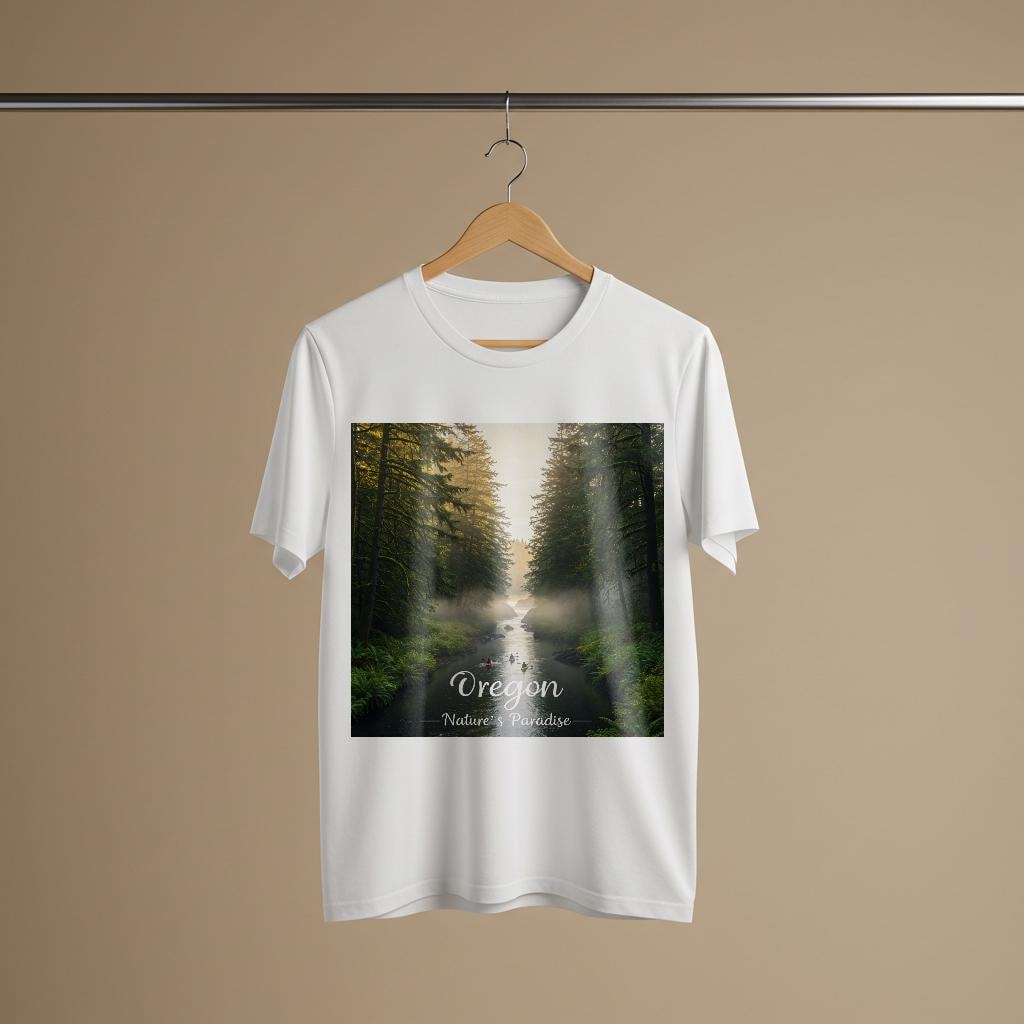 Oregon Misty Forest River Kayaking T-Shirt | Unisex Garment-Dyed Nature Landscape Graphic Tee | PNW Outdoor Adventure Apparel Gift