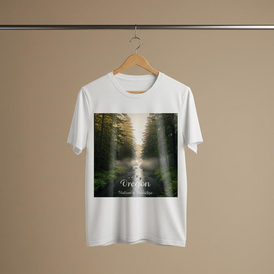 Oregon Misty Forest River Kayaking T-Shirt | Unisex Garment-Dyed Nature Landscape Graphic Tee | PNW Outdoor Adventure Apparel Gift