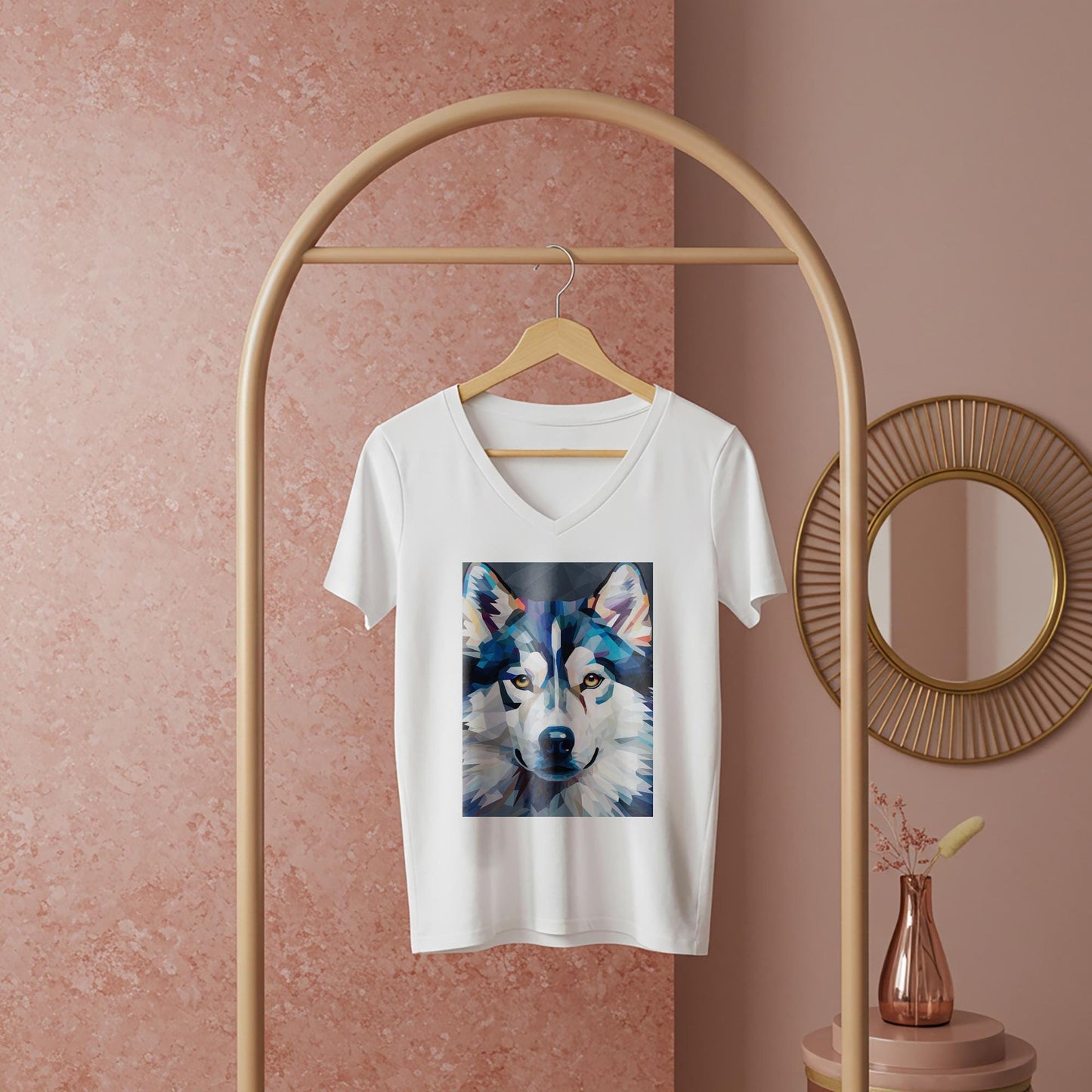 Unisex V-Neck Tee with Geometric Wolf Art | Modern Spirit Animal Shirt | Abstract Wildlife Design | Cool Blue & White Expressive Top